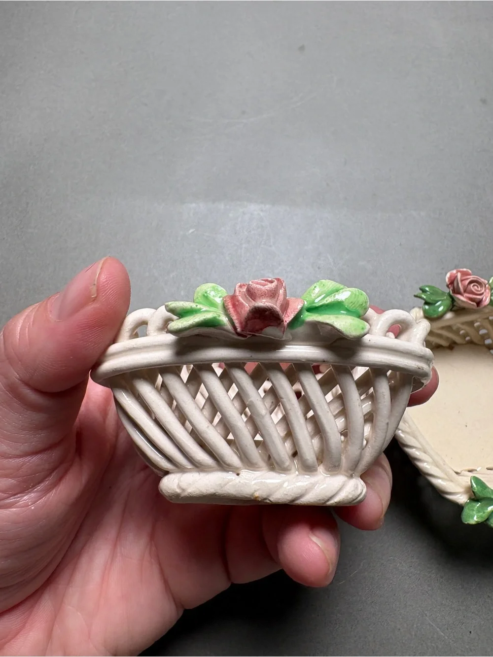 Cottagecore Handmade Italy Ceramic Rose Basket Pair Ring Dish Trinket Dish